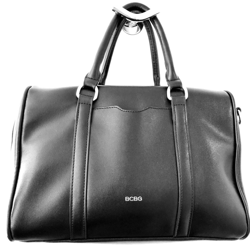BCBG Large Black Leather Barrel Bag